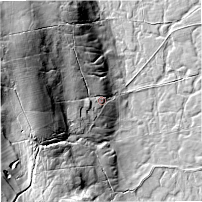 Shaded relief map of the ground around BD240AJ, computed from Environment Agency LiDAR. The ground here sits at about 137 m above sea level and falls 52 m across the surrounding 800 m. Surface water reaching this point runs off ground lying to the west-north-west, 39.1 m higher.