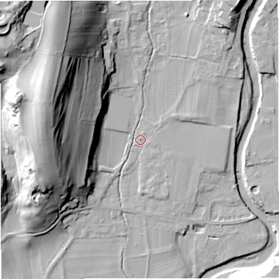 Shaded relief map of the ground around BD240AN, computed from Environment Agency LiDAR. The ground here sits at about 138 m above sea level and falls 46 m across the surrounding 800 m. Surface water reaching this point runs off ground lying to the north-west, 35.5 m higher.