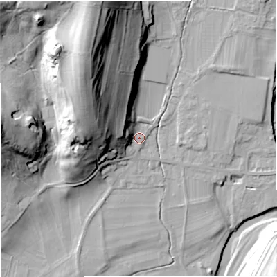 Shaded relief map of the ground around BD240AQ, computed from Environment Agency LiDAR. The ground here sits at about 138 m above sea level and falls 43 m across the surrounding 800 m. Surface water reaching this point runs off ground lying to the west-north-west, 26.4 m higher.