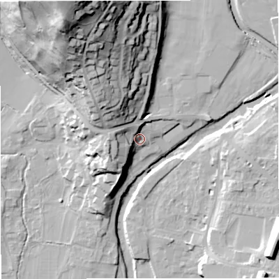 Shaded relief map of the ground around BD240AU, computed from Environment Agency LiDAR. The ground here sits at about 146 m above sea level and falls 60 m across the surrounding 800 m. Surface water reaching this point runs off ground lying to the west, 12.2 m higher.