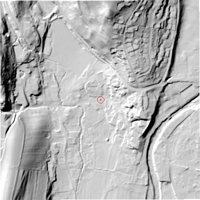 Shaded relief map of the ground around BD240BE, computed from Environment Agency LiDAR. The ground here sits at about 141 m above sea level and falls 59 m across the surrounding 800 m. Surface water reaching this point runs off ground lying to the north-east, 22.4 m higher.