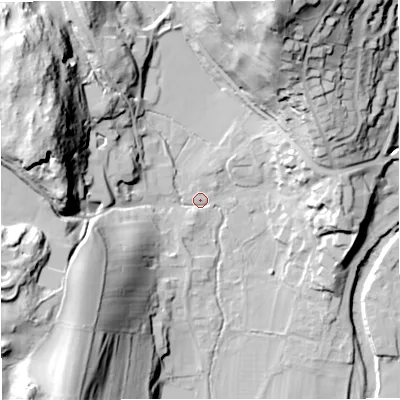 Shaded relief map of the ground around BD240BJ, computed from Environment Agency LiDAR. The ground here sits at about 141 m above sea level and falls 58 m across the surrounding 800 m. Surface water reaching this point runs off ground lying to the north-north-east, 53.0 m higher.