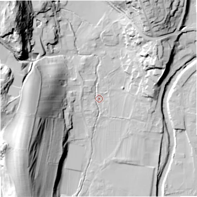 Shaded relief map of the ground around BD240BS, computed from Environment Agency LiDAR. The ground here sits at about 140 m above sea level and falls 49 m across the surrounding 800 m. Surface water reaching this point runs off ground lying to the north-west, 44.4 m higher.