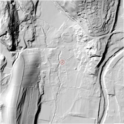 Shaded relief map of the ground around BD240BT, computed from Environment Agency LiDAR. The ground here sits at about 141 m above sea level and falls 49 m across the surrounding 800 m. Surface water reaching this point runs off ground lying to the west-north-west, 44.2 m higher.