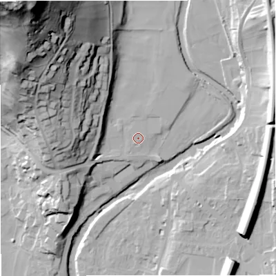 Shaded relief map of the ground around BD240BU, computed from Environment Agency LiDAR. The ground here sits at about 146 m above sea level and falls 90 m across the surrounding 800 m. Surface water reaching this point runs off ground lying to the north-west, 81.3 m higher.