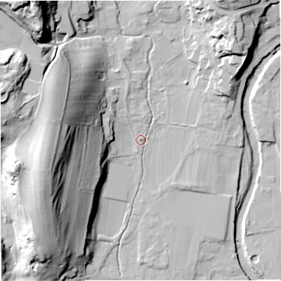 Shaded relief map of the ground around BD240BW, computed from Environment Agency LiDAR. The ground here sits at about 140 m above sea level and falls 50 m across the surrounding 800 m. Surface water reaching this point runs off ground lying to the north-west, 44.3 m higher.