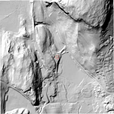 Shaded relief map of the ground around BD240DG, computed from Environment Agency LiDAR. The ground here sits at about 150 m above sea level and falls 99 m across the surrounding 800 m. Surface water reaching this point runs off ground lying to the west, 12.8 m higher.