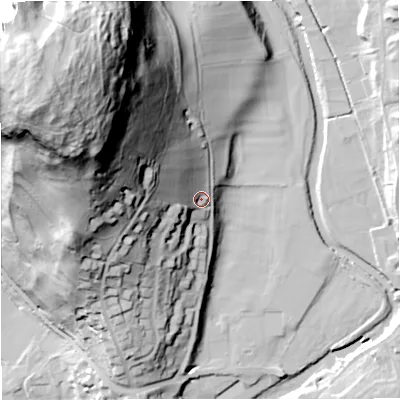 Shaded relief map of the ground around BD240DL, computed from Environment Agency LiDAR. The ground here sits at about 158 m above sea level and falls 98 m across the surrounding 800 m. Surface water reaching this point runs off ground lying to the west-north-west, 69.1 m higher.