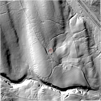 Shaded relief map of the ground around BD240DZ, computed from Environment Agency LiDAR. The ground here sits at about 172 m above sea level and falls 57 m across the surrounding 800 m. Surface water reaching this point runs off ground lying to the south-west, 13.0 m higher.