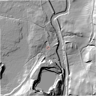 Shaded relief map of the ground around BD240EH, computed from Environment Agency LiDAR. The ground here sits at about 220 m above sea level and falls 33 m across the surrounding 800 m. Surface water reaching this point runs off ground lying to the south-south-west, 26.9 m higher.