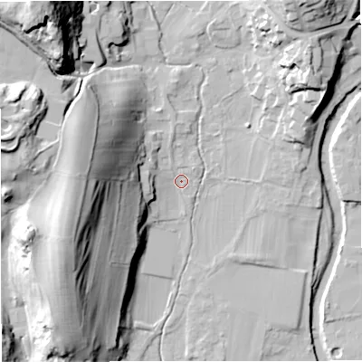 Shaded relief map of the ground around BD240EQ, computed from Environment Agency LiDAR. The ground here sits at about 141 m above sea level and falls 49 m across the surrounding 800 m. Surface water reaching this point runs off ground lying to the west, 32.7 m higher.