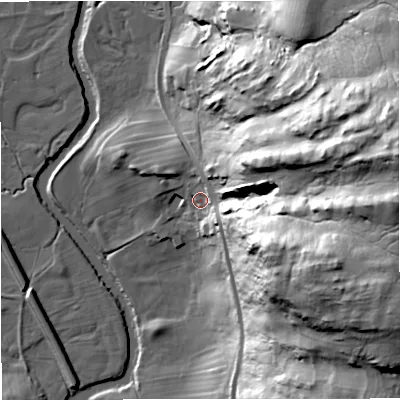 Shaded relief map of the ground around BD240ER, computed from Environment Agency LiDAR. The ground here sits at about 227 m above sea level and falls 76 m across the surrounding 800 m. Surface water reaching this point runs off ground lying to the east-north-east, 67.2 m higher.