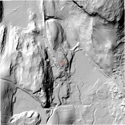 Shaded relief map of the ground around BD240FA, computed from Environment Agency LiDAR. The ground here sits at about 155 m above sea level and falls 99 m across the surrounding 800 m. Surface water reaching this point runs off ground lying to the north-west, 4.4 m higher.