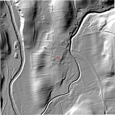 Shaded relief map of the ground around BD240HA, computed from Environment Agency LiDAR. The ground here sits at about 233 m above sea level and falls 38 m across the surrounding 800 m. Surface water reaching this point runs off ground lying to the north, 1.7 m higher.