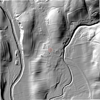 Shaded relief map of the ground around BD240HB, computed from Environment Agency LiDAR. The ground here sits at about 234 m above sea level and falls 49 m across the surrounding 800 m. Surface water reaching this point runs off ground lying to the north-east, 1.0 m higher.