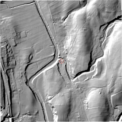 Shaded relief map of the ground around BD240HF, computed from Environment Agency LiDAR. The ground here sits at about 230 m above sea level and falls 49 m across the surrounding 800 m. Surface water reaching this point runs off ground lying to the north-east, 45.9 m higher.
