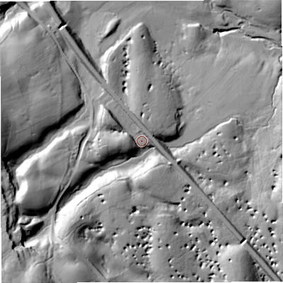 Shaded relief map of the ground around BD240HY, computed from Environment Agency LiDAR. The ground here sits at about 267 m above sea level and falls 68 m across the surrounding 800 m. Surface water reaching this point runs off ground lying to the south-west, 45.9 m higher.