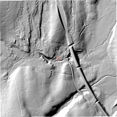 Shaded relief map of the ground around BD240HZ, computed from Environment Agency LiDAR. The ground here sits at about 277 m above sea level and falls 63 m across the surrounding 800 m. Surface water reaching this point runs off ground lying to the south-west, 40.7 m higher.