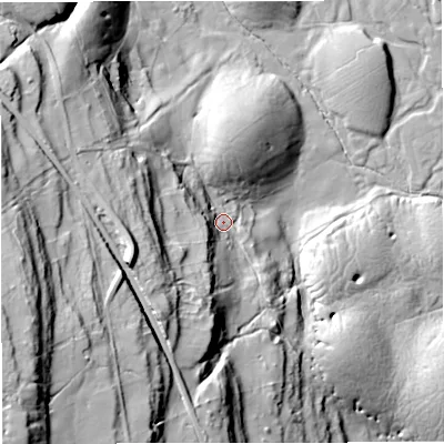 Shaded relief map of the ground around BD240JB, computed from Environment Agency LiDAR. The ground here sits at about 276 m above sea level and falls 71 m across the surrounding 800 m. Surface water reaching this point runs off ground lying to the south-west, 27.6 m higher.