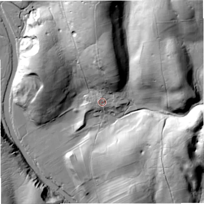 Shaded relief map of the ground around BD240JE, computed from Environment Agency LiDAR. The ground here sits at about 249 m above sea level and falls 85 m across the surrounding 800 m. Surface water reaching this point runs off ground lying to the north-north-east, 24.7 m higher.