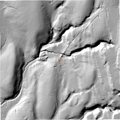 Shaded relief map of the ground around BD240JQ, computed from Environment Agency LiDAR. The ground here sits at about 300 m above sea level and falls 100 m across the surrounding 800 m. Surface water reaching this point runs off ground lying to the east-south-east, 35.1 m higher.
