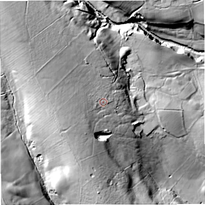 Shaded relief map of the ground around BD240LJ, computed from Environment Agency LiDAR. The ground here sits at about 168 m above sea level and falls 60 m across the surrounding 800 m. Surface water reaching this point runs off ground lying to the west-south-west, 15.1 m higher.