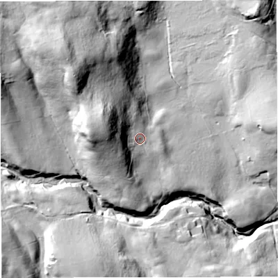 Shaded relief map of the ground around BD240LP, computed from Environment Agency LiDAR. The ground here sits at about 241 m above sea level and falls 69 m across the surrounding 800 m. Surface water reaching this point runs off ground lying to the west-north-west, 31.6 m higher.