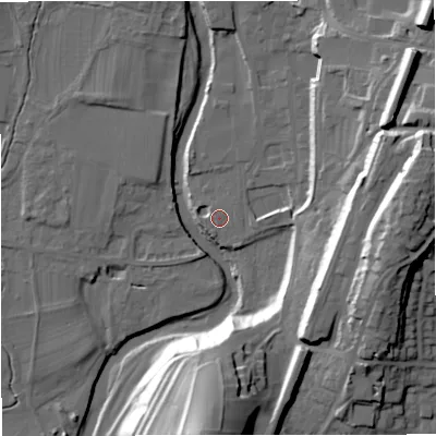 Shaded relief map of the ground around BD249AB, computed from Environment Agency LiDAR. The ground here sits at about 138 m above sea level and falls 38 m across the surrounding 800 m. Surface water reaching this point runs off ground lying to the west-south-west, 2.2 m higher.