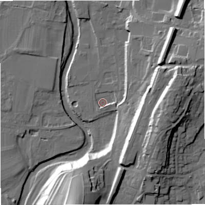 Shaded relief map of the ground around BD249AD, computed from Environment Agency LiDAR. The ground here sits at about 137 m above sea level and falls 37 m across the surrounding 800 m. Surface water reaching this point runs off ground lying to the east-north-east, 24.5 m higher.