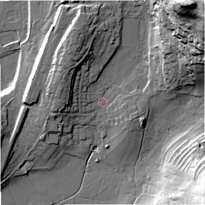 Shaded relief map of the ground around BD249BA, computed from Environment Agency LiDAR. The ground here sits at about 149 m above sea level and falls 95 m across the surrounding 800 m. Surface water reaching this point runs off ground lying to the north-east, 83.7 m higher.