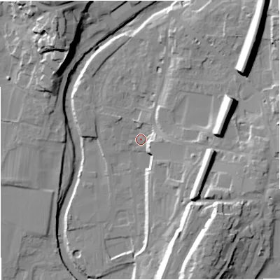 Shaded relief map of the ground around BD249BP, computed from Environment Agency LiDAR. The ground here sits at about 141 m above sea level and falls 31 m across the surrounding 800 m. Surface water reaching this point runs off ground lying to the north-east, 21.7 m higher.