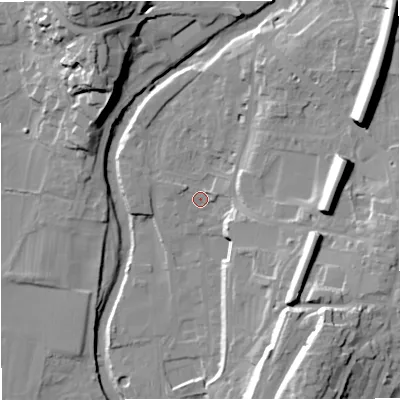 Shaded relief map of the ground around BD249BS, computed from Environment Agency LiDAR. The ground here sits at about 141 m above sea level and falls 30 m across the surrounding 800 m. Surface water reaching this point runs off ground lying to the north-east, 21.7 m higher.