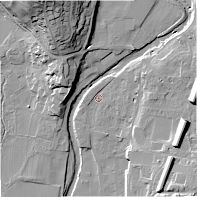 Shaded relief map of the ground around BD249BX, computed from Environment Agency LiDAR. The ground here sits at about 142 m above sea level and falls 42 m across the surrounding 800 m. Surface water reaching this point runs off ground lying to the east-north-east, 5.1 m higher.
