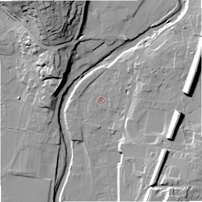 Shaded relief map of the ground around BD249BY, computed from Environment Agency LiDAR. The ground here sits at about 142 m above sea level and falls 36 m across the surrounding 800 m. Surface water reaching this point runs off ground lying to the east-north-east, 1.9 m higher.