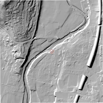 Shaded relief map of the ground around BD249DS, computed from Environment Agency LiDAR. The ground here sits at about 144 m above sea level and falls 58 m across the surrounding 800 m. Surface water reaching this point runs off ground lying to the north-west, 53.0 m higher.
