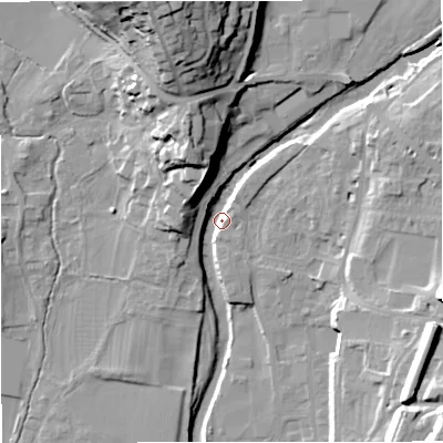 Shaded relief map of the ground around BD249FA, computed from Environment Agency LiDAR. The ground here sits at about 140 m above sea level and falls 35 m across the surrounding 800 m. Surface water reaching this point runs off ground lying to the north-north-west, 20.0 m higher.
