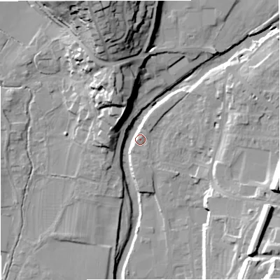 Shaded relief map of the ground around BD249FB, computed from Environment Agency LiDAR. The ground here sits at about 142 m above sea level and falls 35 m across the surrounding 800 m. Surface water reaching this point runs off ground lying to the north-north-west, 20.0 m higher.