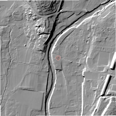 Shaded relief map of the ground around BD249FD, computed from Environment Agency LiDAR. The ground here sits at about 141 m above sea level and falls 31 m across the surrounding 800 m. Surface water reaching this point runs off ground lying to the south-south-west, 0.7 m higher.