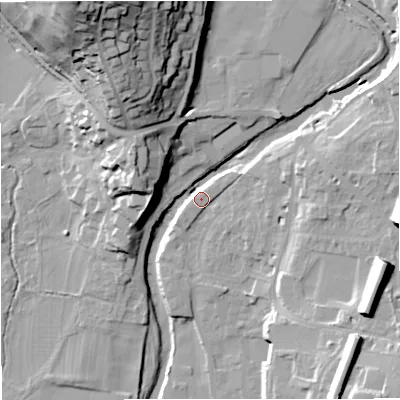 Shaded relief map of the ground around BD249FP, computed from Environment Agency LiDAR. The ground here sits at about 143 m above sea level and falls 47 m across the surrounding 800 m. Surface water reaching this point runs off ground lying to the north-north-west, 42.2 m higher.