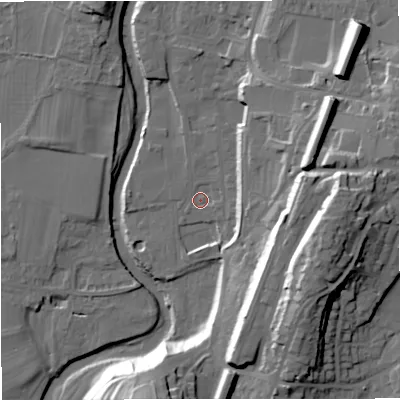 Shaded relief map of the ground around BD249FQ, computed from Environment Agency LiDAR. The ground here sits at about 138 m above sea level and falls 33 m across the surrounding 800 m. Surface water reaching this point runs off ground lying to the east-north-east, 11.8 m higher.