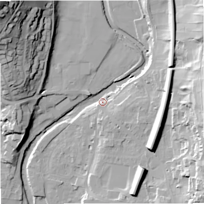 Shaded relief map of the ground around BD249JN, computed from Environment Agency LiDAR. The ground here sits at about 144 m above sea level and falls 59 m across the surrounding 800 m. Surface water reaching this point runs off ground lying to the north-west, 54.3 m higher.