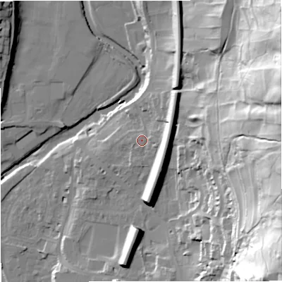 Shaded relief map of the ground around BD249JP, computed from Environment Agency LiDAR. The ground here sits at about 151 m above sea level and falls 80 m across the surrounding 800 m. Surface water reaching this point runs off ground lying to the east, 11.5 m higher.