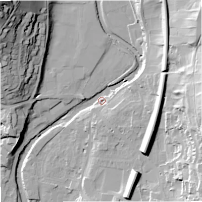 Shaded relief map of the ground around BD249JS, computed from Environment Agency LiDAR. The ground here sits at about 143 m above sea level and falls 58 m across the surrounding 800 m. Surface water reaching this point runs off ground lying to the north-east, 41.1 m higher.