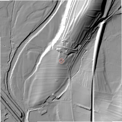 Shaded relief map of the ground around BD249JU, computed from Environment Agency LiDAR. The ground here sits at about 144 m above sea level and falls 43 m across the surrounding 800 m. Surface water reaching this point runs off ground lying to the north-north-east, 6.4 m higher.