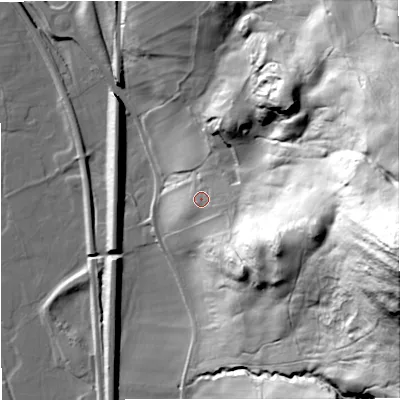Shaded relief map of the ground around BD249JY, computed from Environment Agency LiDAR. The ground here sits at about 144 m above sea level and falls 128 m across the surrounding 800 m. Surface water reaching this point runs off ground lying to the east-south-east, 46.0 m higher.