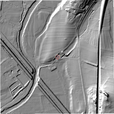 Shaded relief map of the ground around BD249LF, computed from Environment Agency LiDAR. The ground here sits at about 134 m above sea level and falls 47 m across the surrounding 800 m. Surface water reaching this point runs off ground lying to the north-north-east, 20.9 m higher.