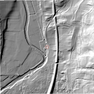 Shaded relief map of the ground around BD249LR, computed from Environment Agency LiDAR. The ground here sits at about 149 m above sea level and falls 86 m across the surrounding 800 m. Surface water reaching this point runs off ground lying to the north-north-east, 20.2 m higher.