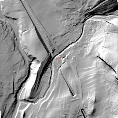 Shaded relief map of the ground around BD249LS, computed from Environment Agency LiDAR. The ground here sits at about 193 m above sea level and falls 106 m across the surrounding 800 m. Surface water reaching this point runs off ground lying to the east-south-east, 85.3 m higher.