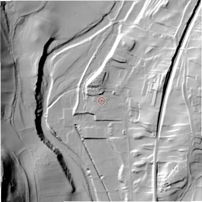 Shaded relief map of the ground around BD249LX, computed from Environment Agency LiDAR. The ground here sits at about 160 m above sea level and falls 69 m across the surrounding 800 m. Surface water reaching this point runs off ground lying to the north, 5.1 m higher.