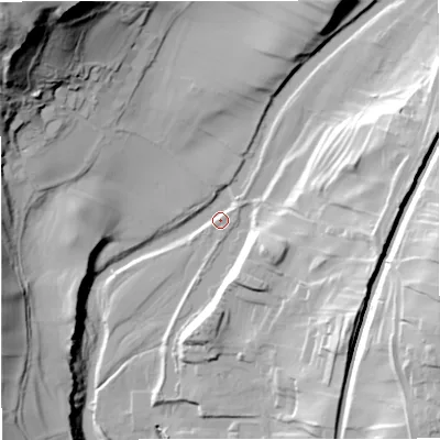 Shaded relief map of the ground around BD249NW, computed from Environment Agency LiDAR. The ground here sits at about 157 m above sea level and falls 63 m across the surrounding 800 m. Surface water reaching this point runs off ground lying to the north-west, 58.5 m higher.